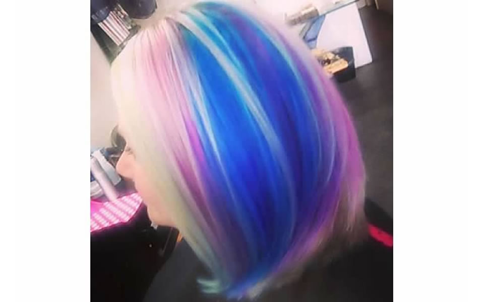 woman with blue hair color rear view