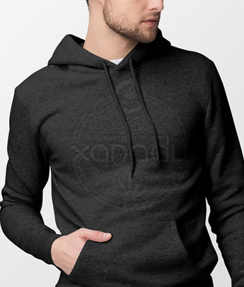 Xanadu cotton fleece pullover hoodie, black on black - front