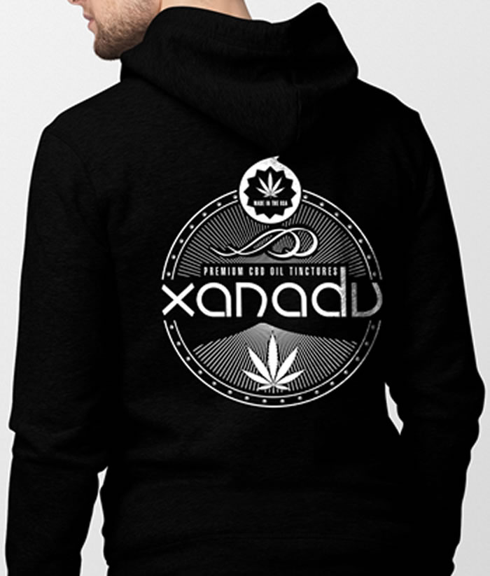 Xanadu cotton fleece pullover hoodie, white on black - back