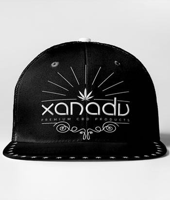 Xanadu 6 panel snap back trucker cap, white on black - front